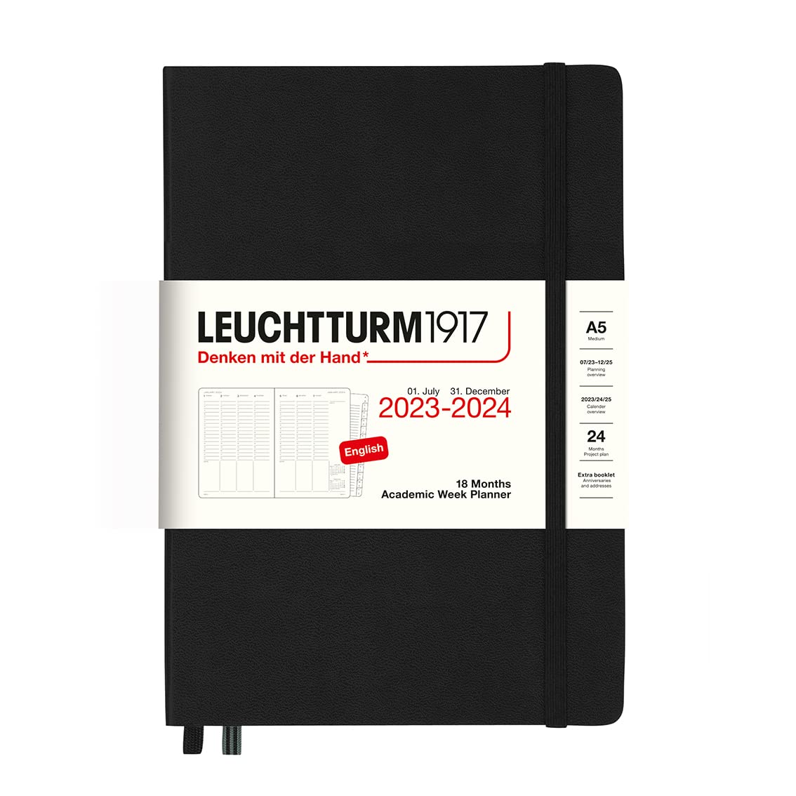 LEUCHTTURM1917 367557 Academic Weekly Planner Medium (A5) 2024, 18 Months, Black, English