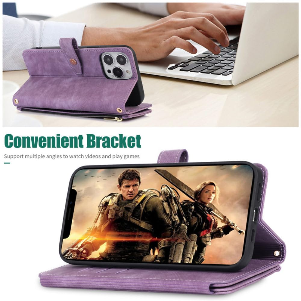 Funda de Cuero con Tapa y cordón Largo para iPhone 15 14 13 12 11 Pro MAX XS XR X SE 2022 8 7 Plus Funda con Cremallera para múltiples Tarjetas, Negro, para iPhone 7 (iPhone 8)