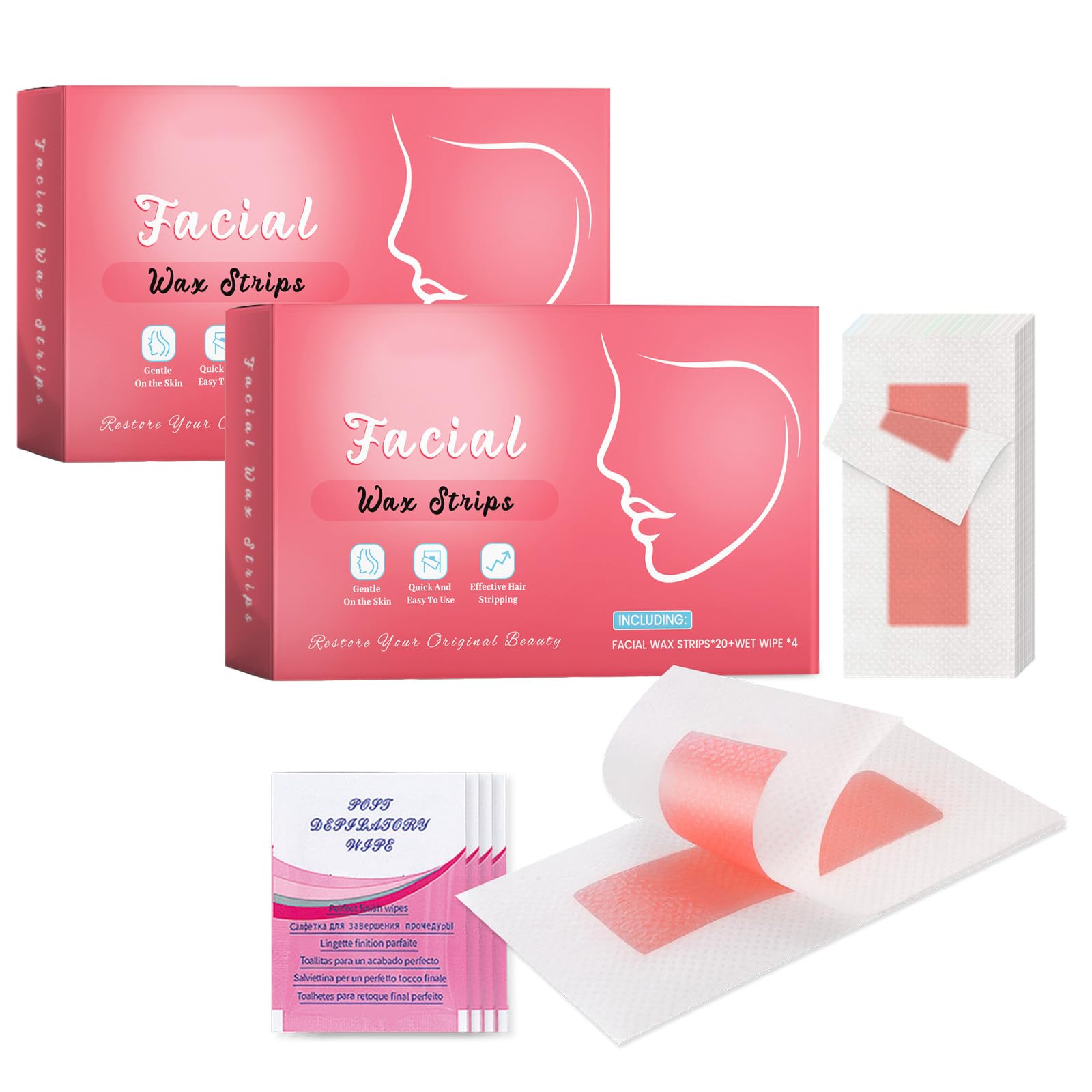 40 PCS Facial Wax Strips for Hair Removal, Wax Strips for Face for Women,Waxing Kit for Women's Face, Bikini, Chest, Body, Arms, Legs, Back(20 Double-Sided Waxed Sheets + 8 Soothing Oil Wipes)
