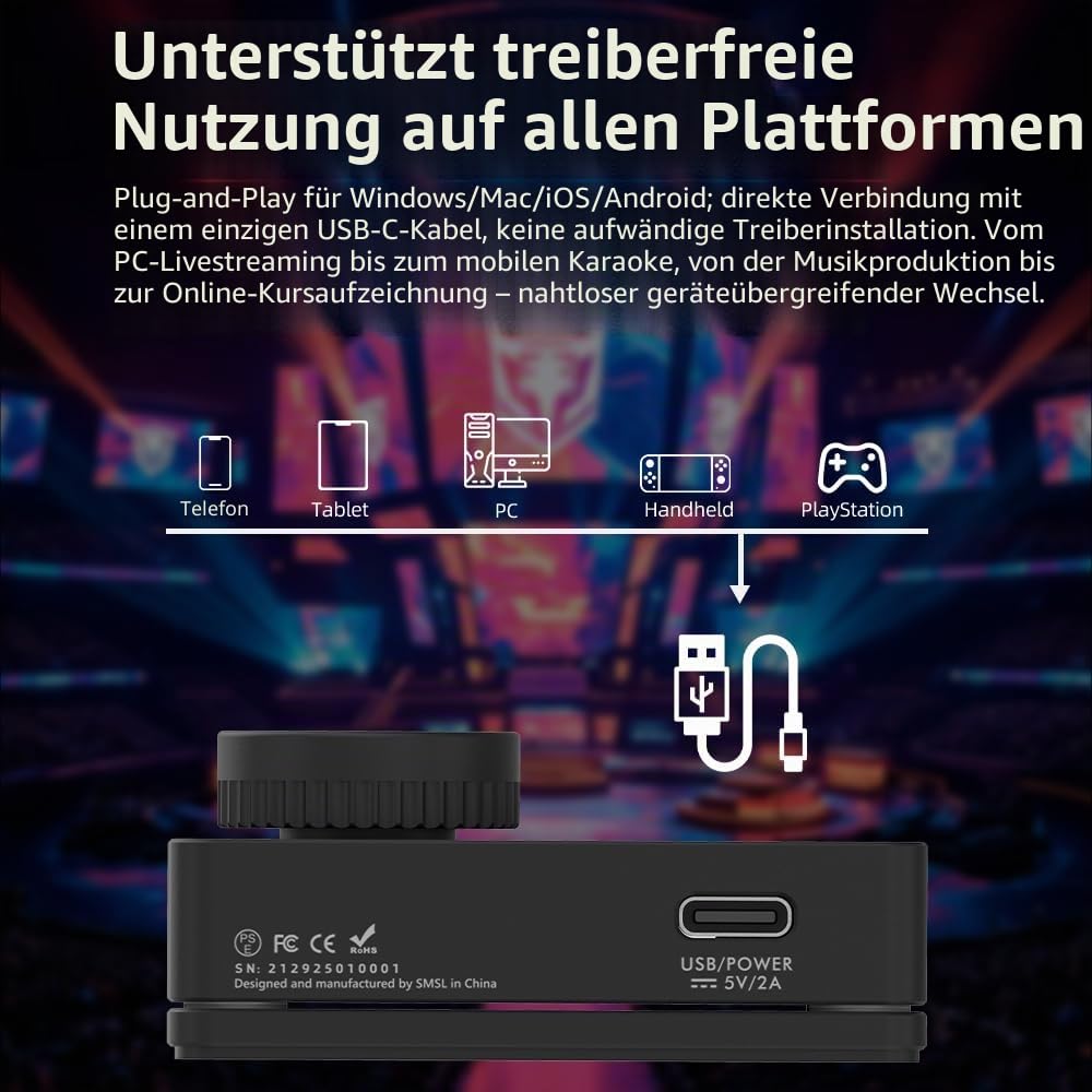 SMSL Nano One, externes Gaming-Soundkarten-Mikrofon/USB-Eingang, 3,5-mm-Kopfhörer-Ausgang, vier Modi: Musik/Spiel/7.1 Virtuell/Sprachverbesserung, verbindet sich mit Handys/Tablets/Computern (Schwarz)