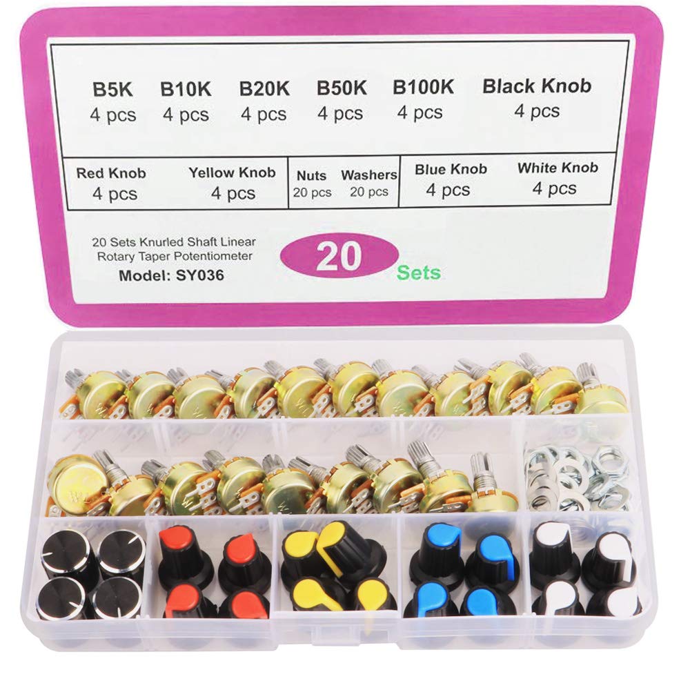GTIWUNG 20Pcs B5K-B100K Ohm Knurled Shaft Linear Rotary Taper Potentiometer Kit with WH148 Knobs for Arduino, Raspberry Pi and Other Projects