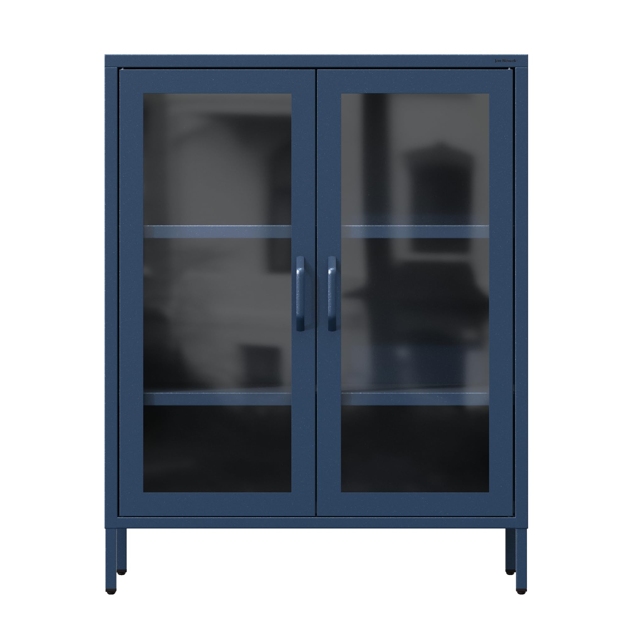 Jan Nowak 2-türiger Vitrinenschrank - GINA - 2 verstellbare Ablagen, Gehärtetes Glas, Wandmontage - Glasvitrine Stehend, Vitrine Glas, Wohmzimmerschrank Glitzernd - 80 x 101,5 x 40 cm - Dunkelblau