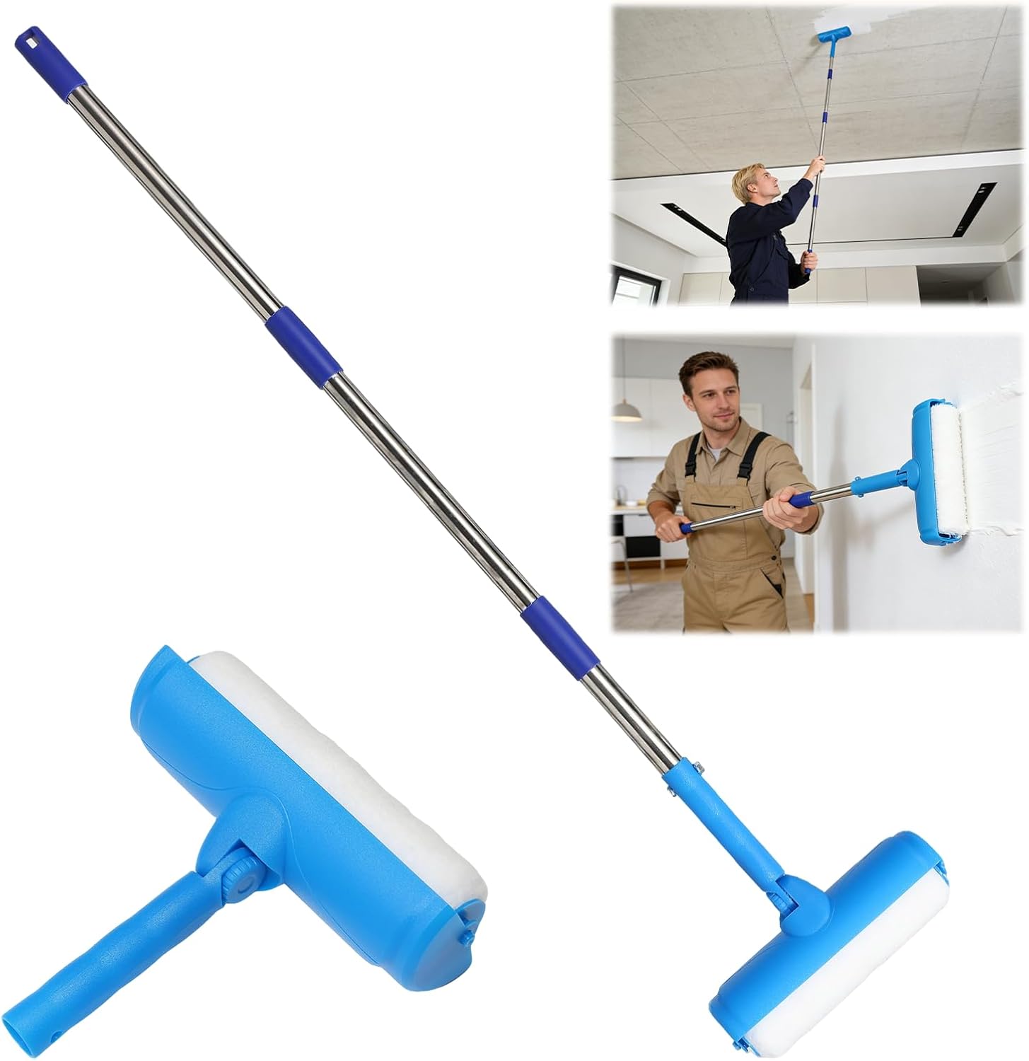 Ceiling Paint Roller 8 Ft Foam Paint Roller Extension Pole Splash Guard Paint Rollers 9 Inch Reduce Paint Splatter and Drips Paint Roller Kit 2-in-1 Roller Paint Brush for Ceiling Painting