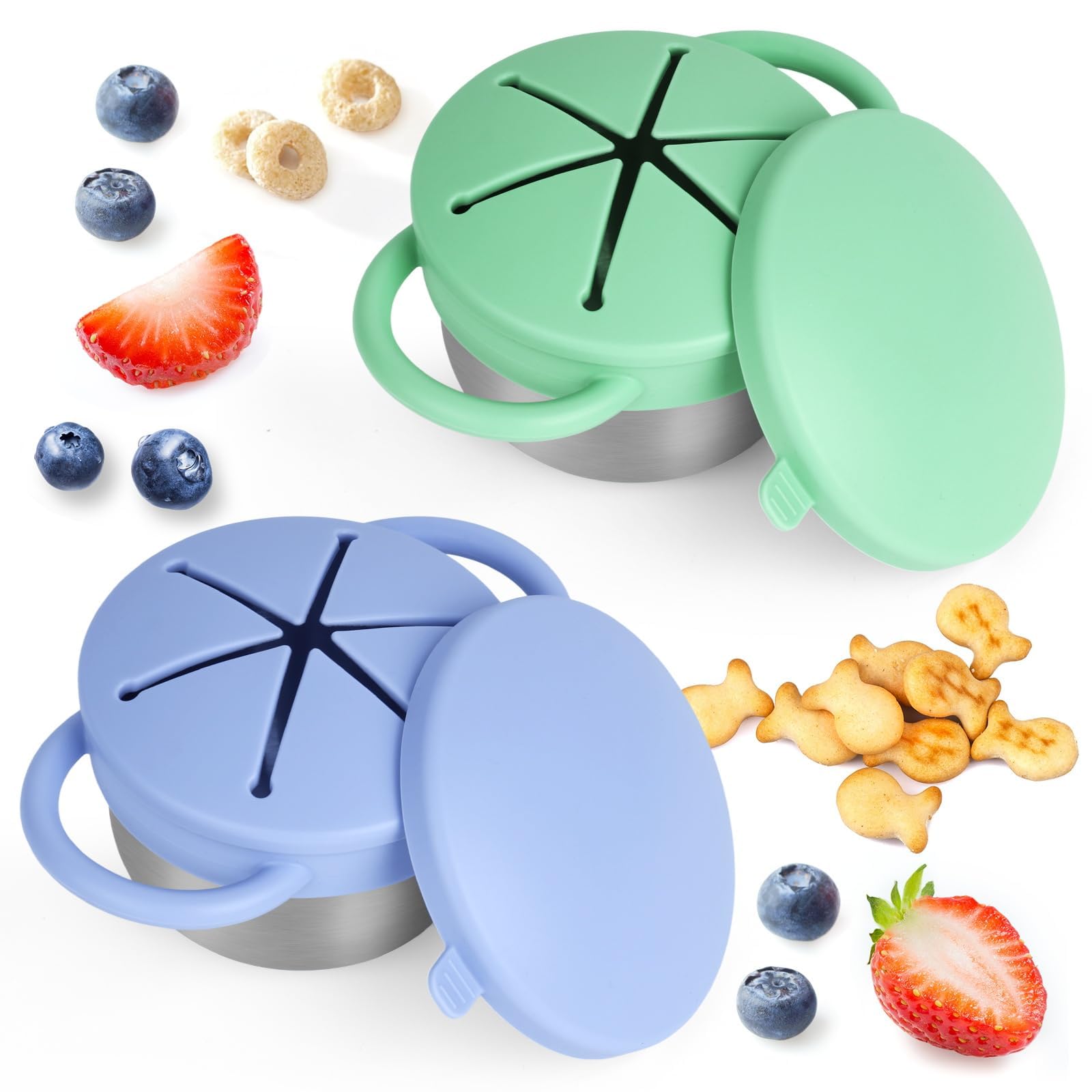Photo 1 of 2 Pack Snack Cups for Toddlers Spill Proof - Detachable Stainless Steel Toddler Snack Cups with Silicone Lids & Handles - Dishwasher Safe Snack Container for Mess-Free Snacking?Blue-purple and Green)