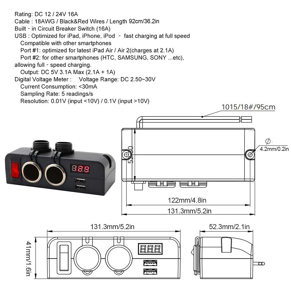 Enchufe del Encendedor de Cigarrillos, Divisor de cigarros 3 en 1 Adaptador de Corriente multifunción del voltímetro del Cargador del Coche del USB