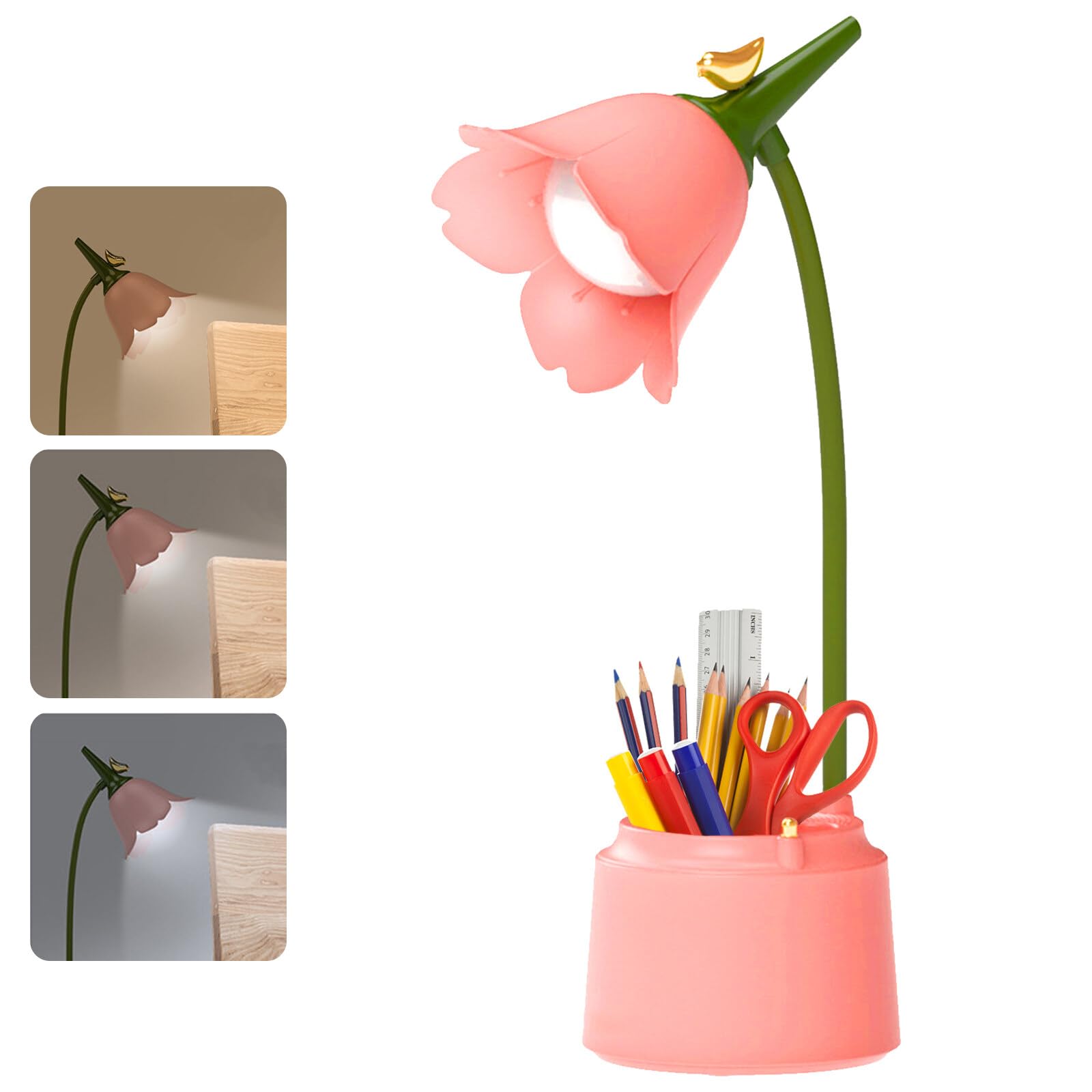 Lámpara de escritorio para niños: lámpara de mesa LED regulable con 3 temperaturas de color, con soporte para bolígrafo, sensor táctil y brazo flexible, recargable por USB, lámpara de escritorio para