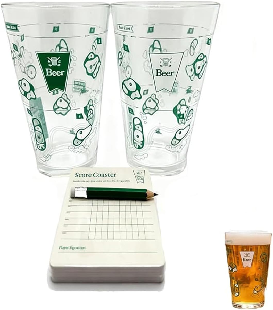Xebular The 9 Hole Golf Course on a Beer Glass – Scorecard Coasters & Pencil, Funny Drinking Game Set with 2 Pint Glasses, Party Beer Cup Games, Suitable for Golf Loves and Drink Enthusiasts (1 Pcs)