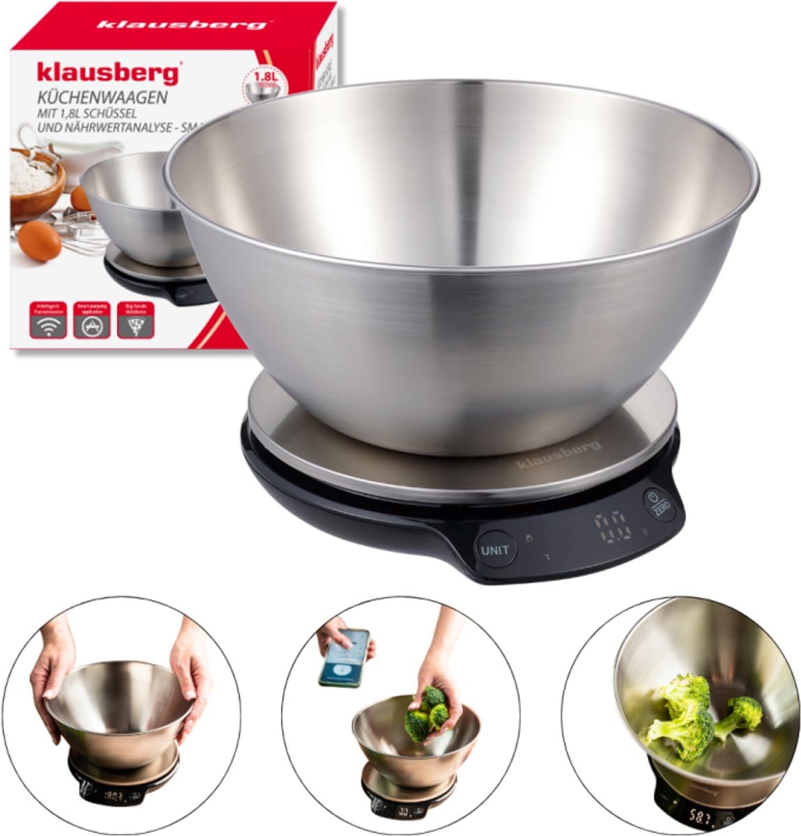 Klausberg KB-7939 Intelligente Küchenwaage mit Bluetooth, 1,8 L Edelstahlschüssel, LED-Anzeige, 5 kg Kapazität, Schwarz und Edelstahl
