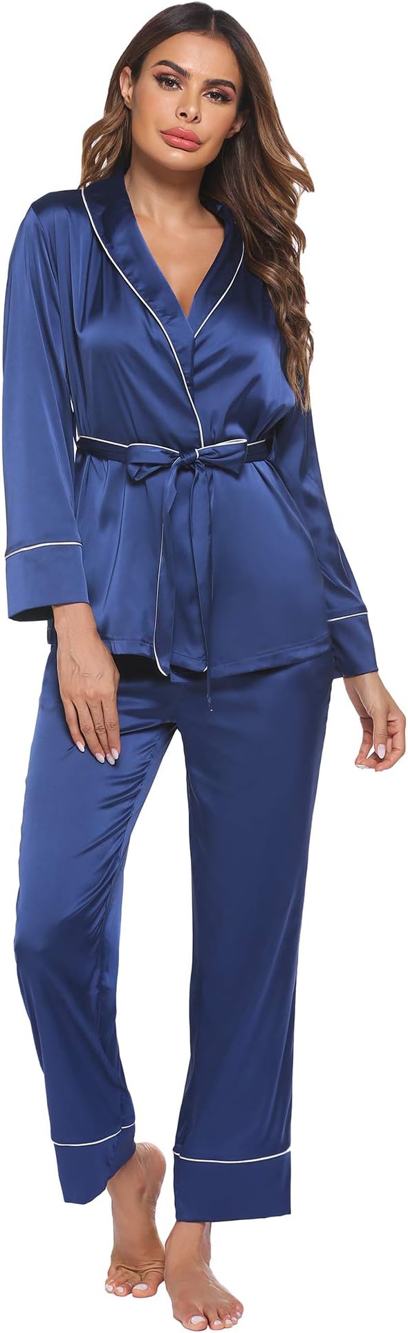 EkouaerSatin Pajamas Set for Women Long Sleeve Sleepwear Silk Nightwear V-Neck PJS Set 2 Piece Lounge Sets PJ