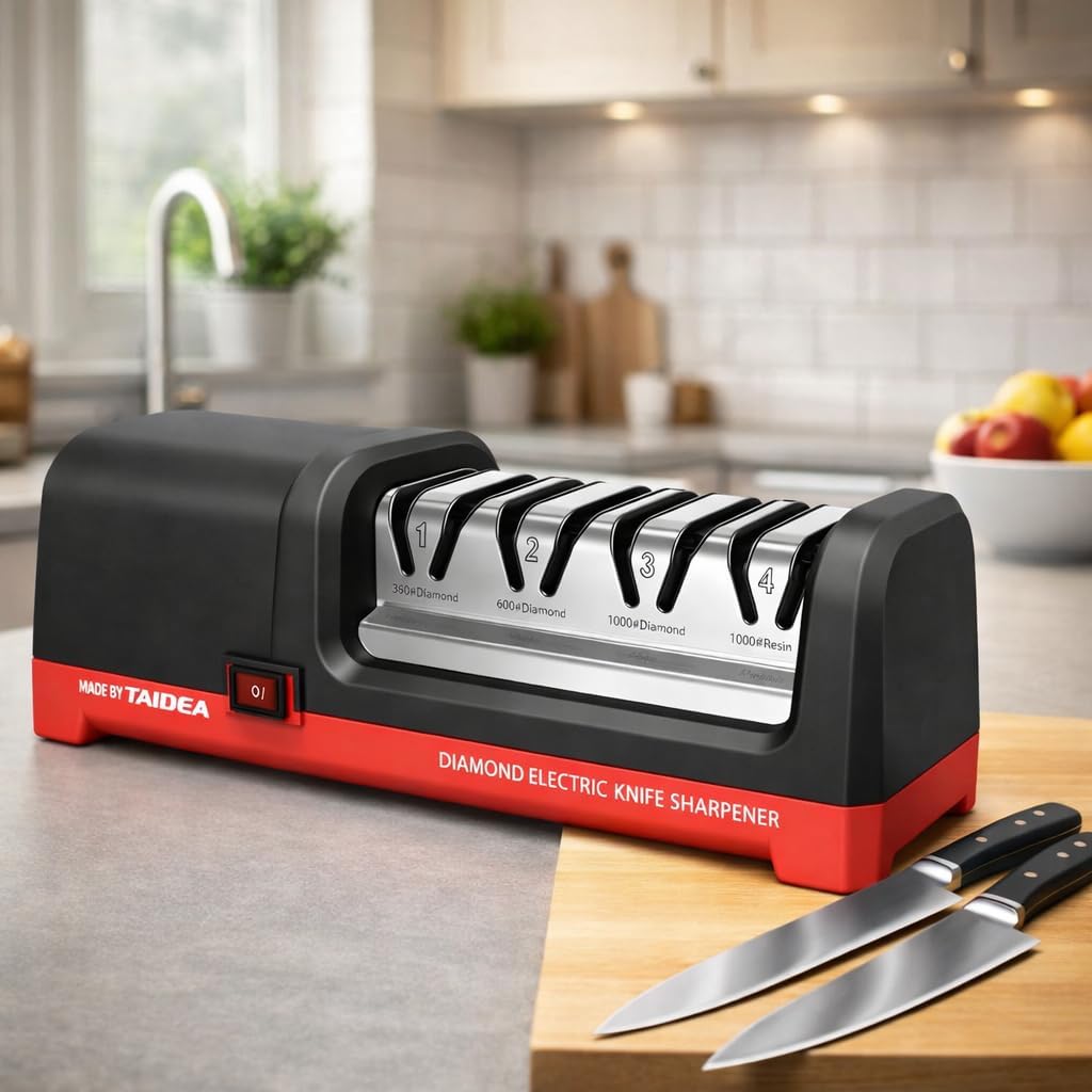 Electric Knife Sharpener, Professional Kitchen 4-Stage Knife Sharpening Kit, 3 Stage 100% Diamond Abrasive, Resin Polishing, 20° Precision Angle for Straight, Serrated Ceramic Knives