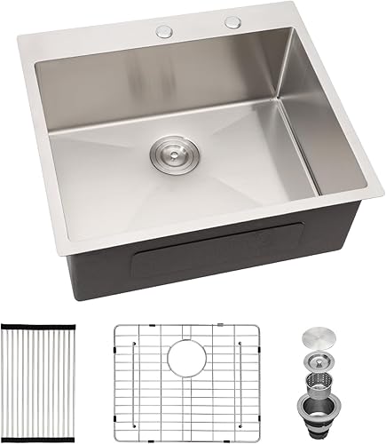 Miniatura 3 de Mocoloo Fregadero de cocina de acero inoxidable de 25 x 22 pulgadas, de montaje superior, calibre 16, 10 pulgadas de profundidad, fregadero de
