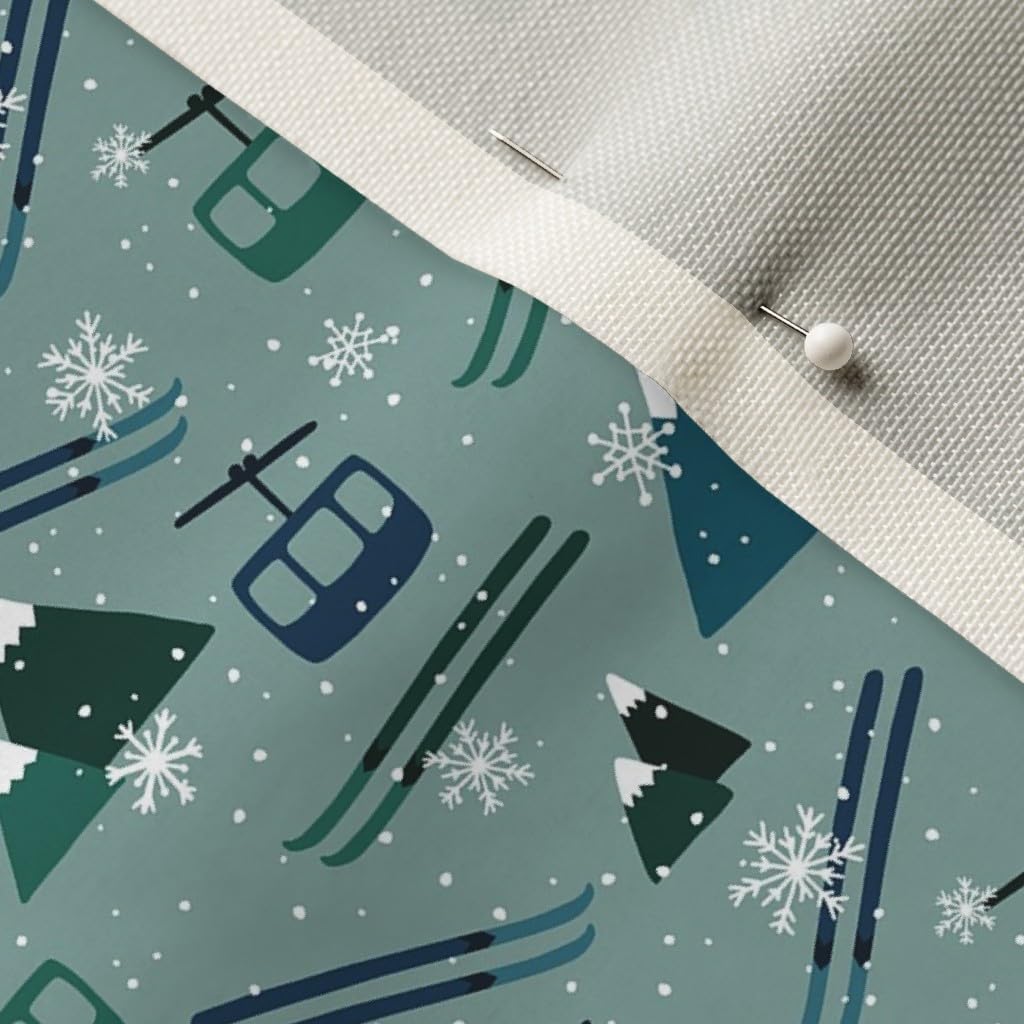Spoonflower Fabric - Winter Mountains Ski Snowflake Blue Green Handdrawn Printed on Upholstery Velvet Fabric Fat Quarter - Upholstery Home Decor Bottomweight Apparel