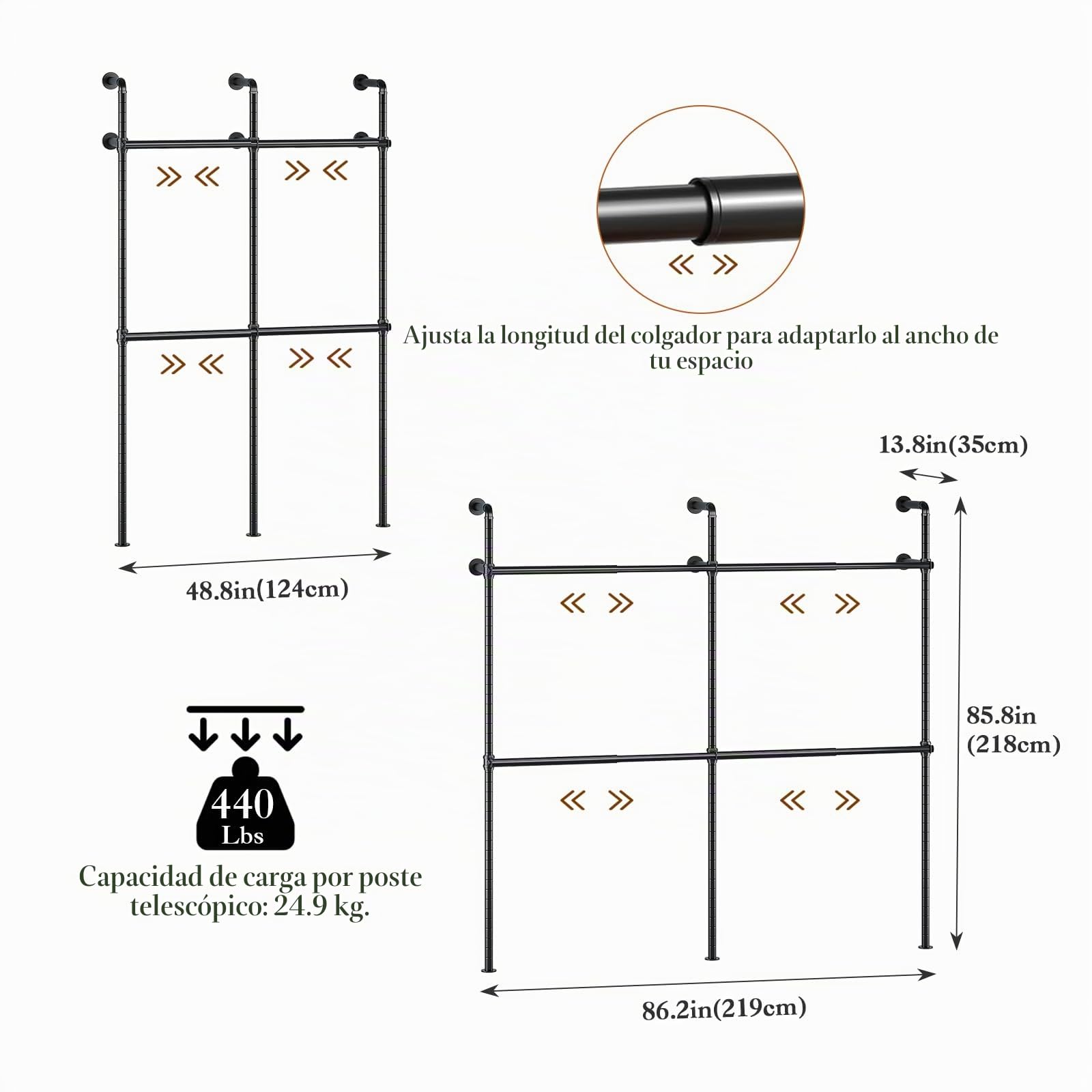 Perchero telescópico industrial para ropa, sistema de percha de pared con 4 barras, guardarropa, con tubo robusto, capacidad de carga 200 kg, 220x218 cm