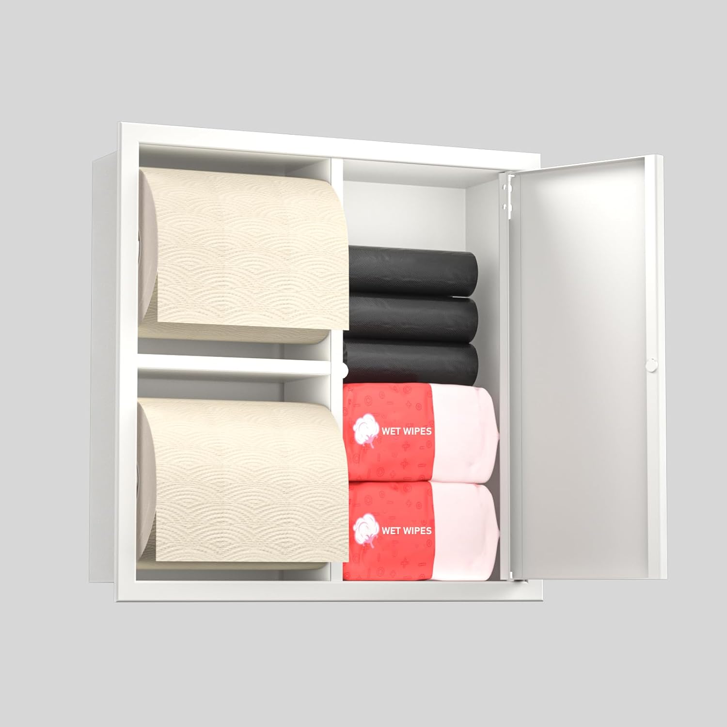 in Wall Toilet Paper Holder with Door, Dual Toilet Roll Cabinet for Bathroom, 304 Stainless Steel Toilet Paper Niche (White)