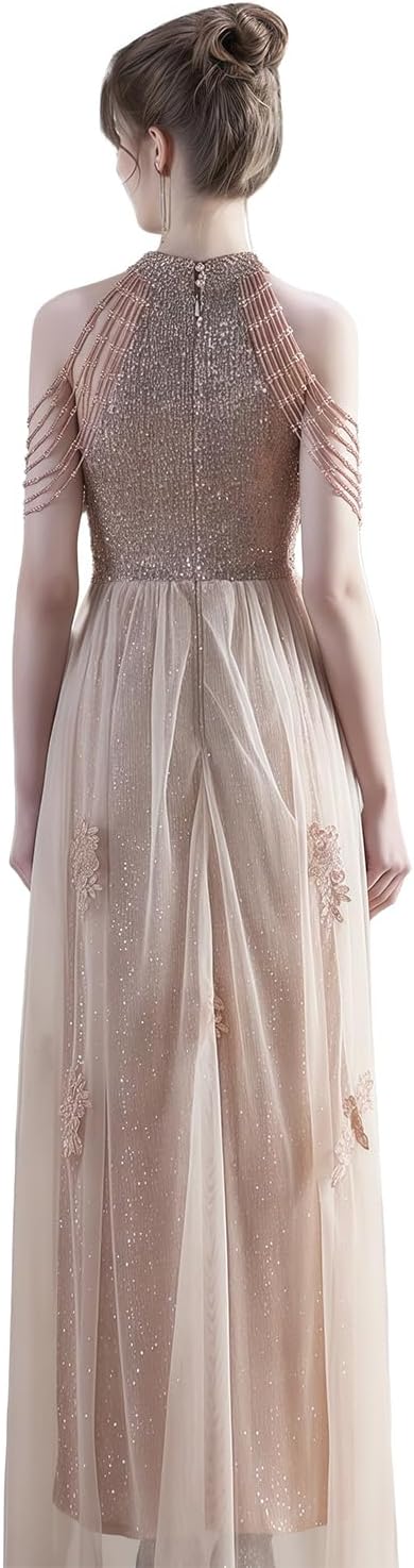 Size M Women Elegant Sequins Cocktail Dress Prom Ball Evening Gowns for Women Halter Wedding Dress Beaded Sleeve Mesh A Line Dresses