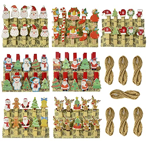 QTMY 70 Pcs Mini Clothes Pins for Photo,Christmas Tree Stocking Santa Wooden Clip Hanging Photos with Twine Decoration Supplies Favors