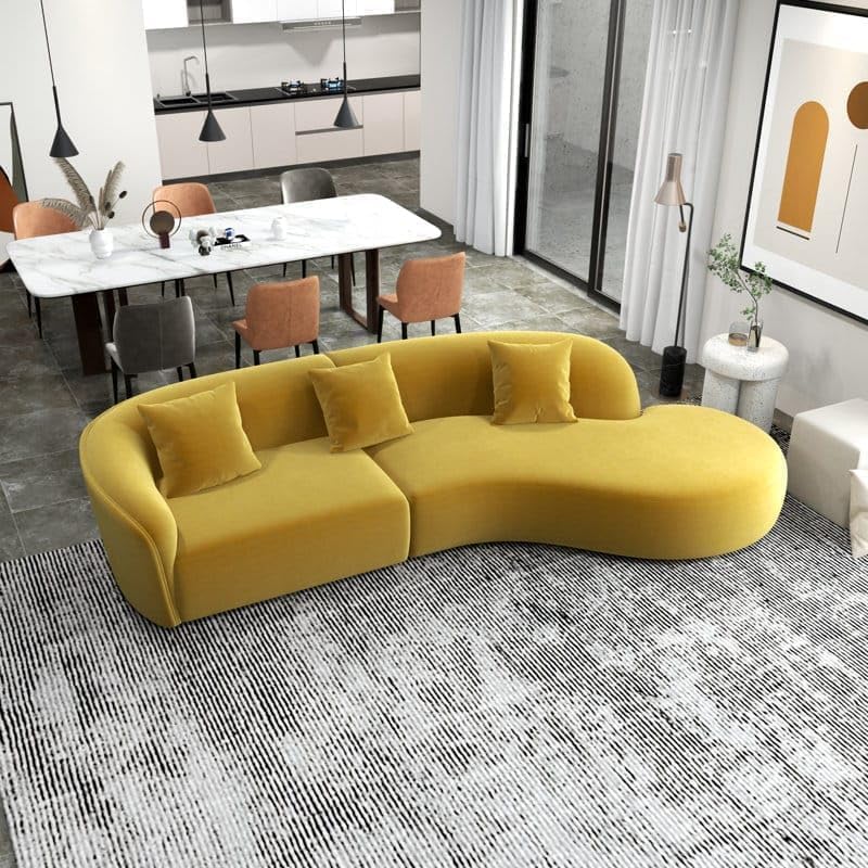 Image of 110.24 inch Modern Futuristic J- Style Curved Velvet Sofa, Sectional Sofa Round Arm with Soft Pillow for Living Room, Bedroom, Hallways (Yellow)