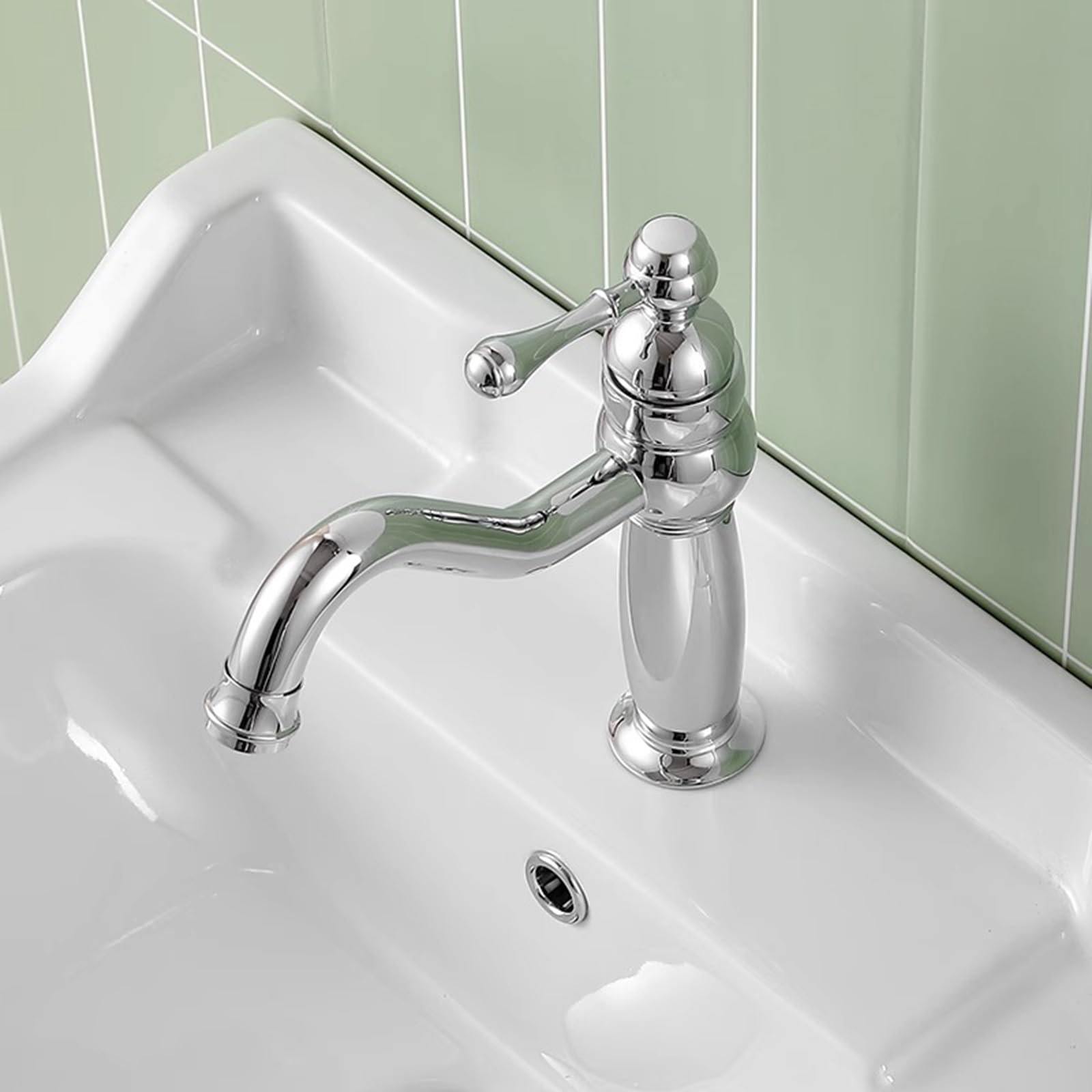 Miscelatore Cromato per lavabo da Bagno, Acqua Calda e Fredda, Maniglia Singola, in Ottone, 1 Foro