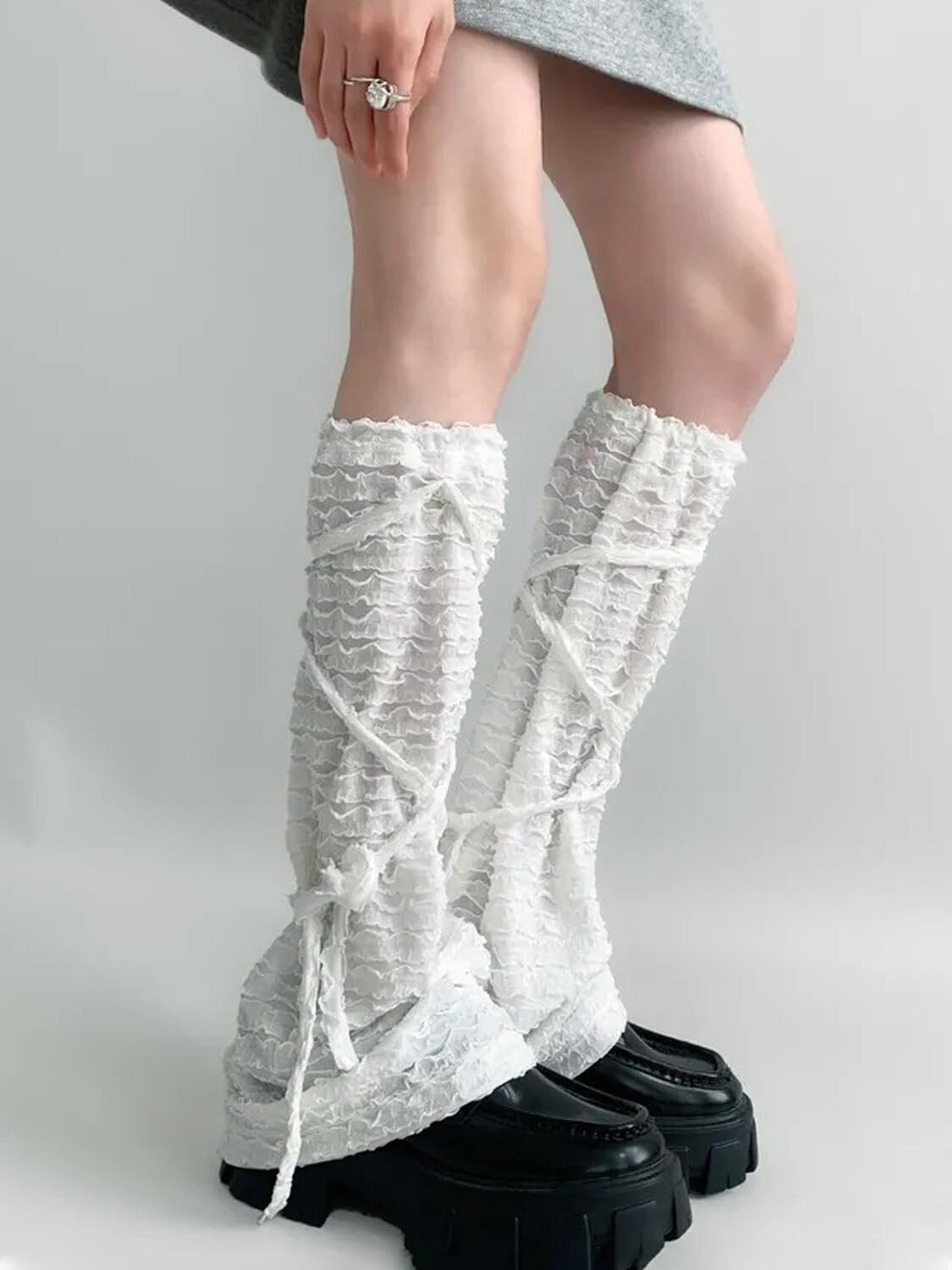 Leoparts Lolita Lace Leg Warmers for Women Y2K Knee High Pleated Lace-up Leg Sleeve Socks Thin Ruffled Mesh Leg Covers - Image 2