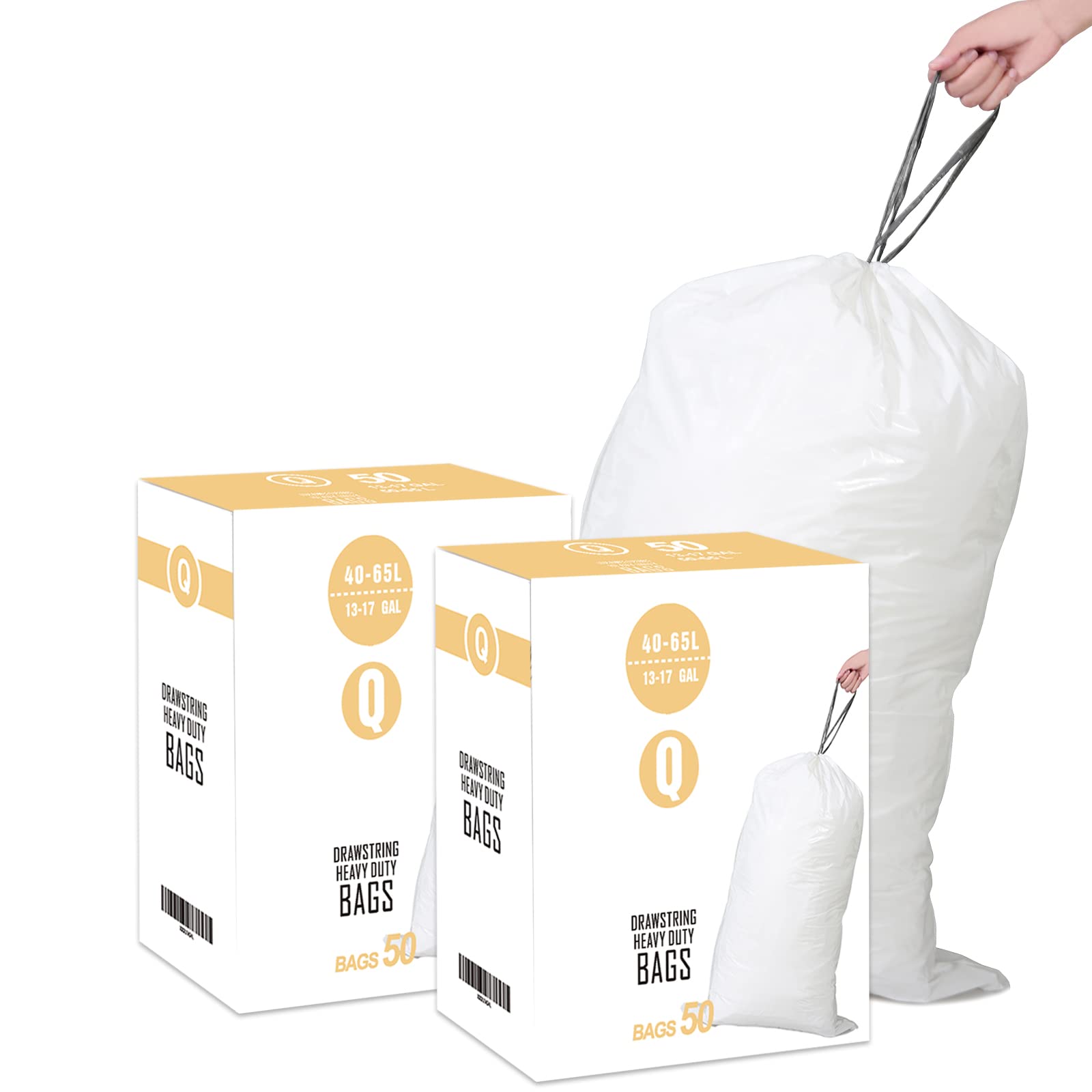 Code Q 2 Packs(100 Count) 13-17 Gallon Heavy Duty 1.2 Mil THICK Plastic Trash Bags with Reinforced Drawstring Compatible with simpleman Code Q White Garbage Can Liners Leak-Proof & Tear Resistant