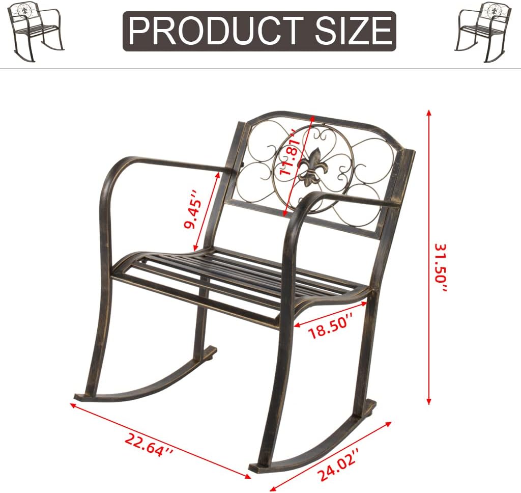 Metal Vintage Rocking Chairs with Back & Armrest, All Weather Resistant Iron Patio Rocker Chair, Outside Front Porch Furniture Carved Patio Seat Oversized Rocker for Porch, Backyard or Garden