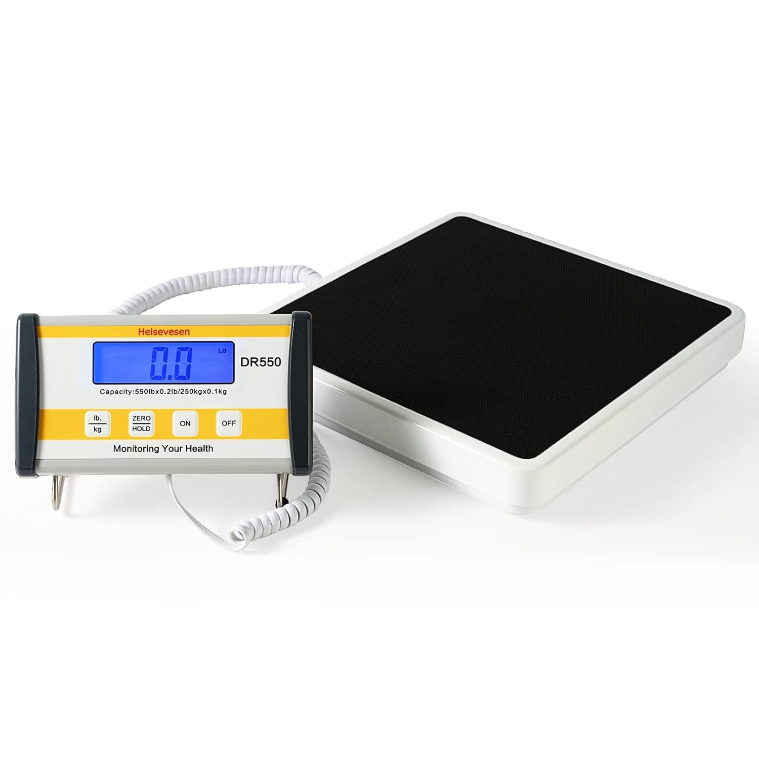 HelsevesenProfessional 550 lb Bariatric Body Weight Scale, Low-Profile Floor Scale with 12.5" x 12.5" Platform, Remote LCD Display, Accurate Weighting, Black