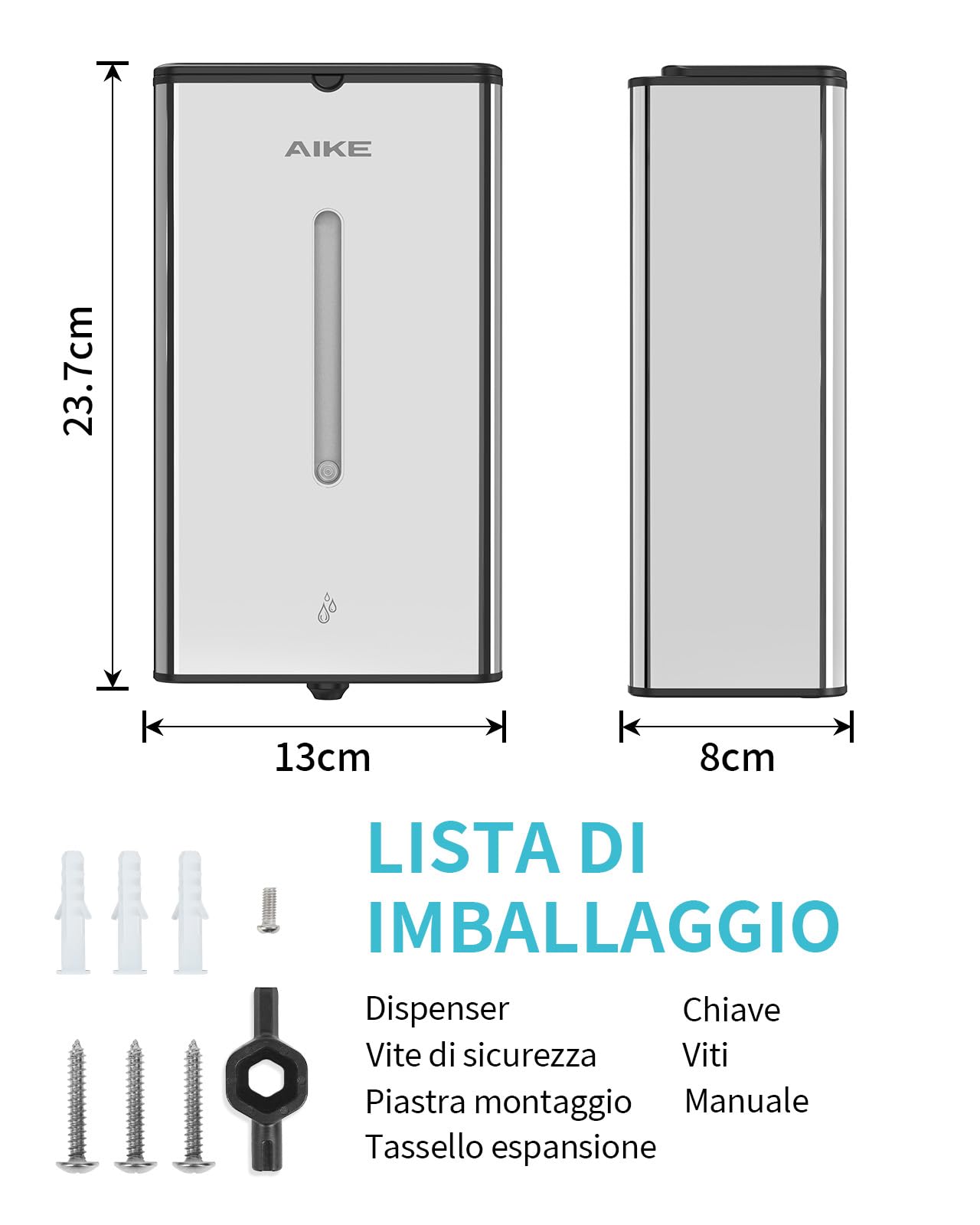 AIKE Square Dispenser Automatico Per Sapone Liquido, 1000 ML A Parete, Finitura Acciaio Inossidabile, AK1207