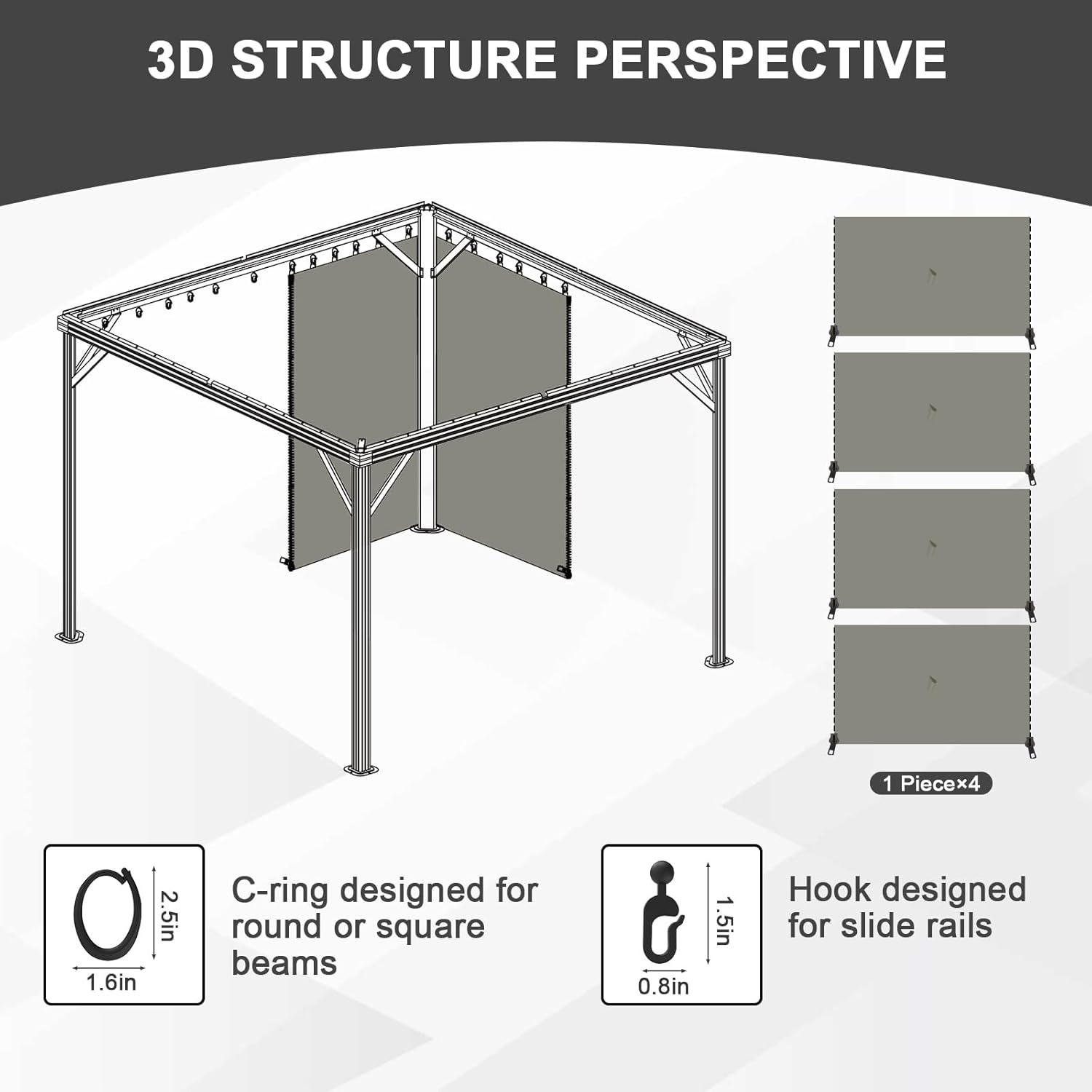 Aoodor 10x10 ft Outdoor Gazebo Curtains, 4 Panels Waterproof Privacy Sidewall Replacement with Zipper for Patio Pergola and Canopy, Gray