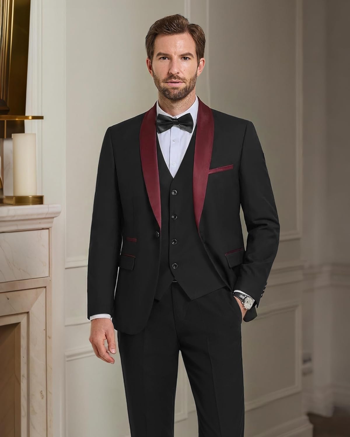 MrSure Men’s 3 Piece Slim Fit Suit, One Button Shawl Lapel Tuxedo, Premium Dinner Jacket Vest Pants & Tie Set - Image 2