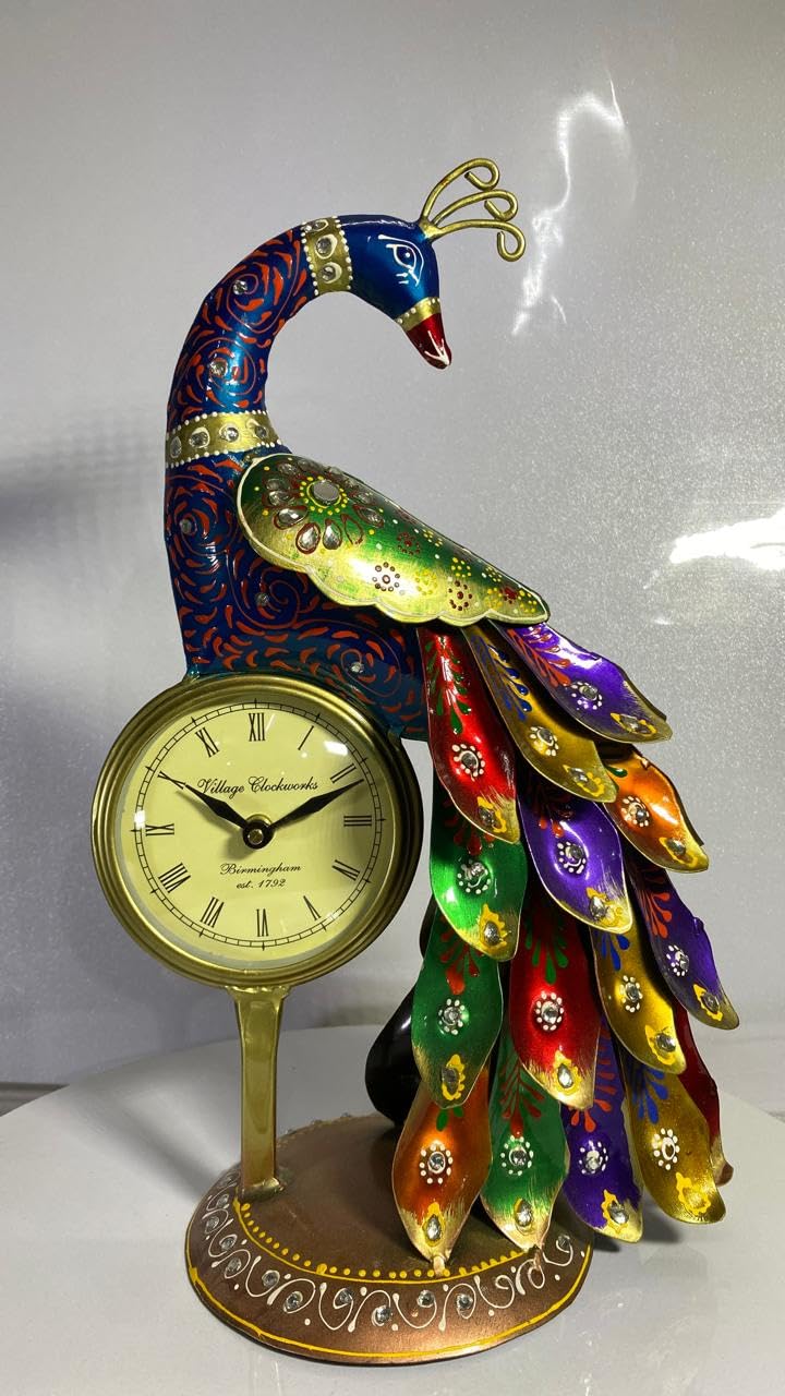 Decorative Peacock Wall Clock, Vintage Style Table Clock, Colourful Metal Art Home Decor-image-1