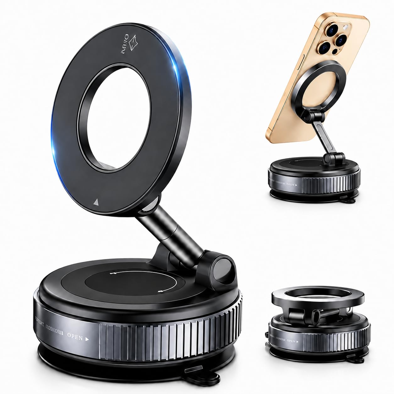 Soporte magnético para teléfono de coche, ventosa al vacío y almohadilla adhesiva, soporte 2 en 1, 24 imanes N52, rotación de 360°, soporte universal compatible con MagSafe para salpicadero