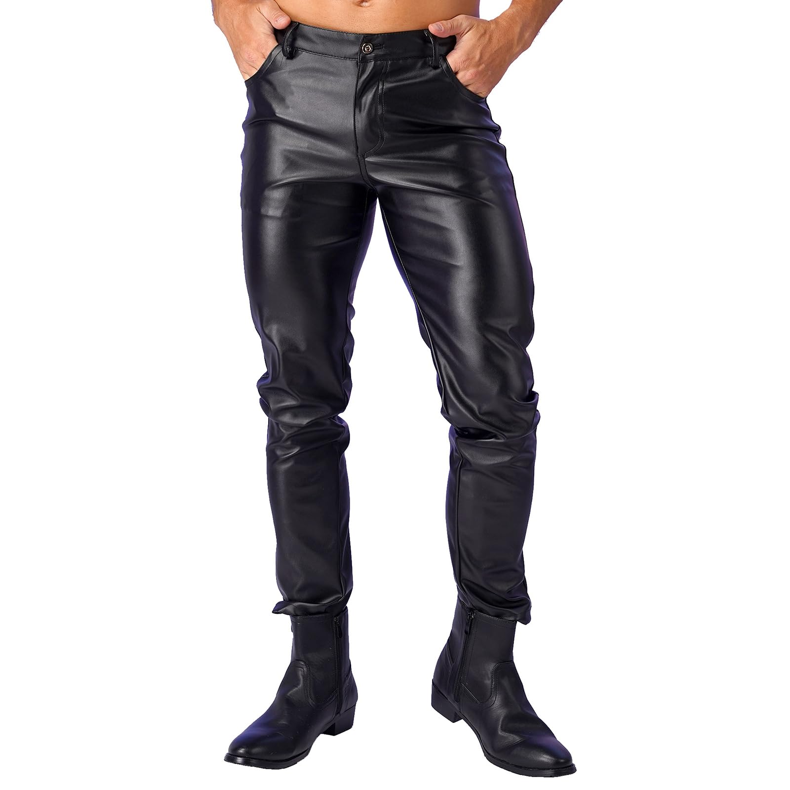 Pantaloni da uomo Wetlook skinny, in pelle laccata, con sacchetto a bulge, elasticizzati, in similpelle, slim fit, taglio dritto, erotici
