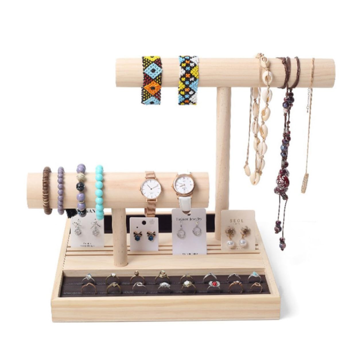 INOOMP Soporte de Madera para Joyas de Dos Capas, Marrón Organizador