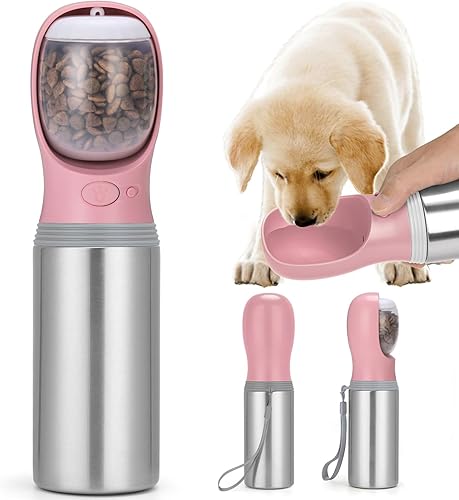Miniatura 12 de Botella de agua portátil para perros, 14 onzas, dispensador de agua de acero inoxidable a prueba de fugas para cachorros con alimentador para