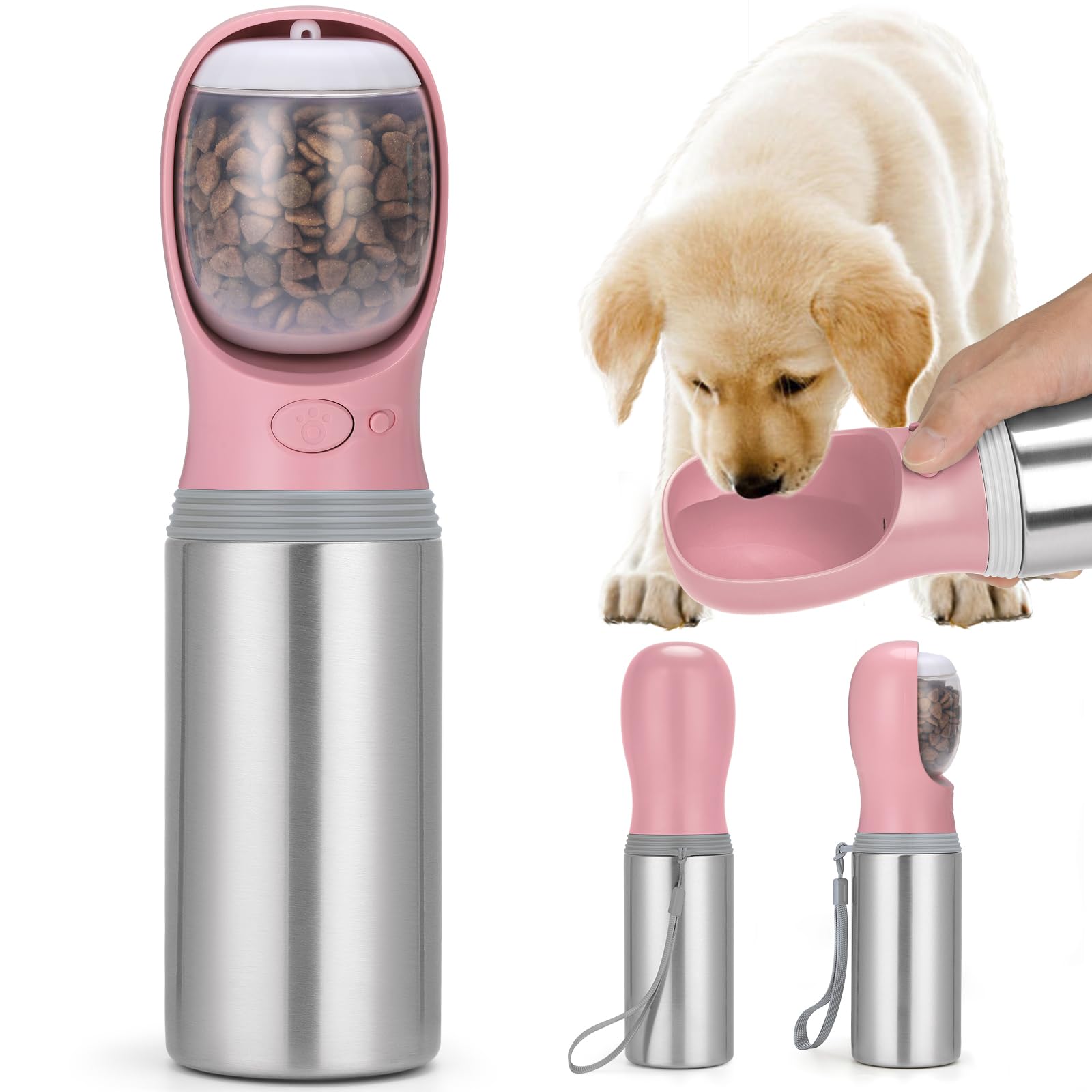 Portable Dog Water Bottle with Food Container, 14 OZ, Stainless Steel