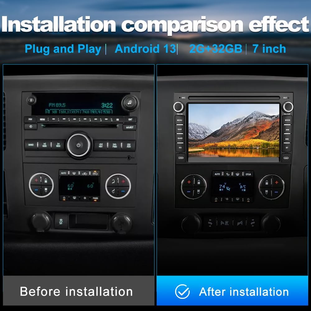 Car Radio for Chevrolet Chevy Silverado GMC Sierra Yukon 2007-2013 Android 13 GPS Navigation 2GB+32GB with 7 inch Touch Screen CarPlay Android Auto Bluetooth SWC Backup Camera