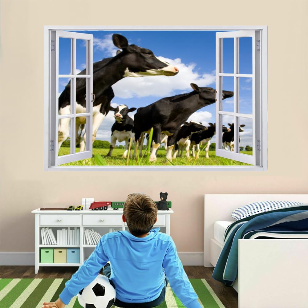 Pegatinas De Pared Murales Calcomanías, Vaca Lechera Tatuaje De Pared 3D Roto, Cielo Azul Y Nubes Blancas. Vinilo De Pared Para Decoración De Arte Del Hogar, Decoración De Habitación De Niños 120x80cm