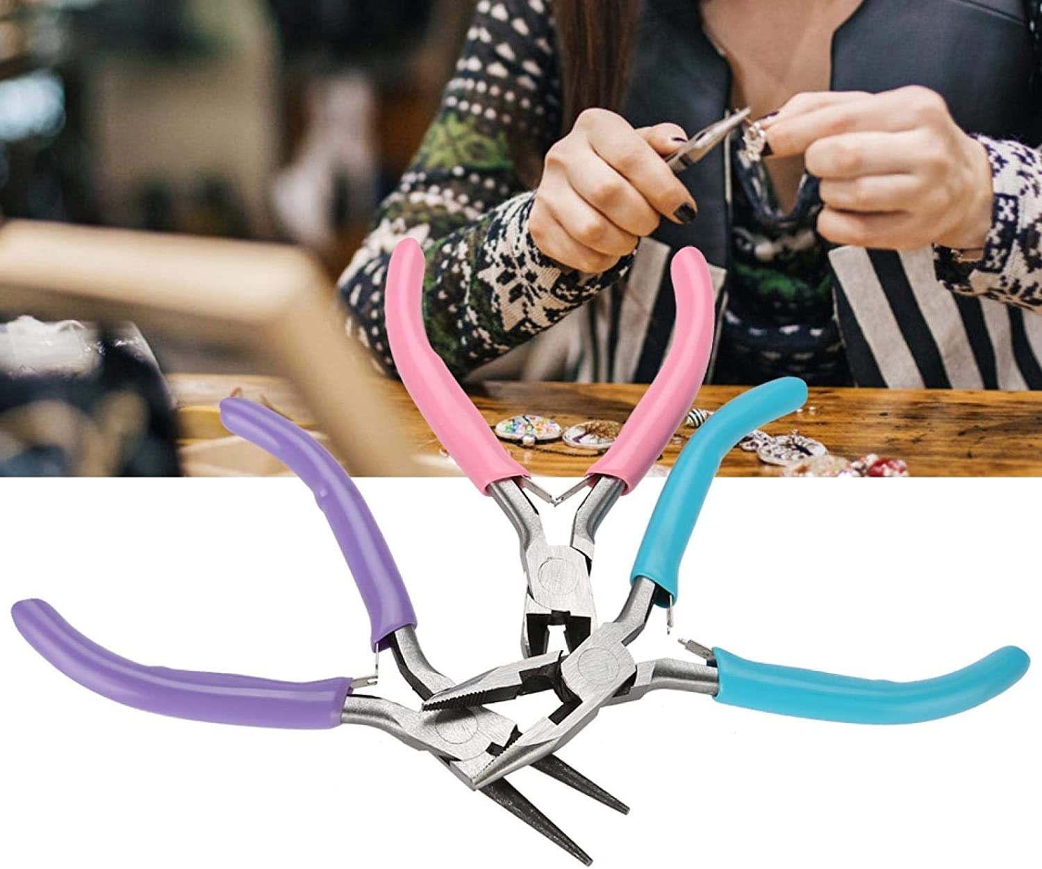 Alicates de punta larga, alicates de punta de agujas, alicates fáciles de usar, kit de alicates de joyería de plástico duraderos para reparación de joyas