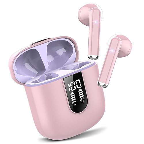 Wireless Earbuds, Bluetooth 5.3 Headphones HiFi Stereo, Mini In-Ear Bluetooth earbuds, Wireless Earphones with 4 ENC Noise Cancelling Mic, IP7 Waterproof, LED Display,Touch Control Ear Buds,Light pink - 30H - Light Pink