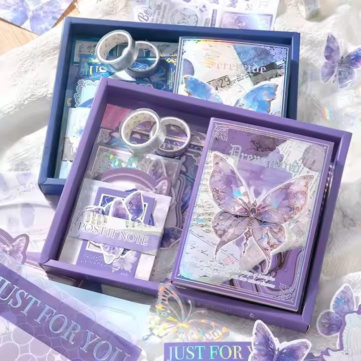 Image of VIBE VISTA Vintage Aesthetic Scrapbook Kit,346 Pcs,A6 Grid Notebook,Washi ,Envelopes, Scrapbook Papers, Folding Labels, Background Papers, Photo Frames, Calendar Stickers, Stickers (Blue Butterfly)
