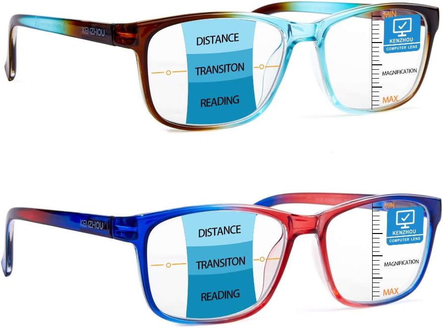 K KENZHOU Progressive Multifocus Wide Square Frame Reading Glasses Blue Light Blocking for Women Men No Line Multifocal Readers