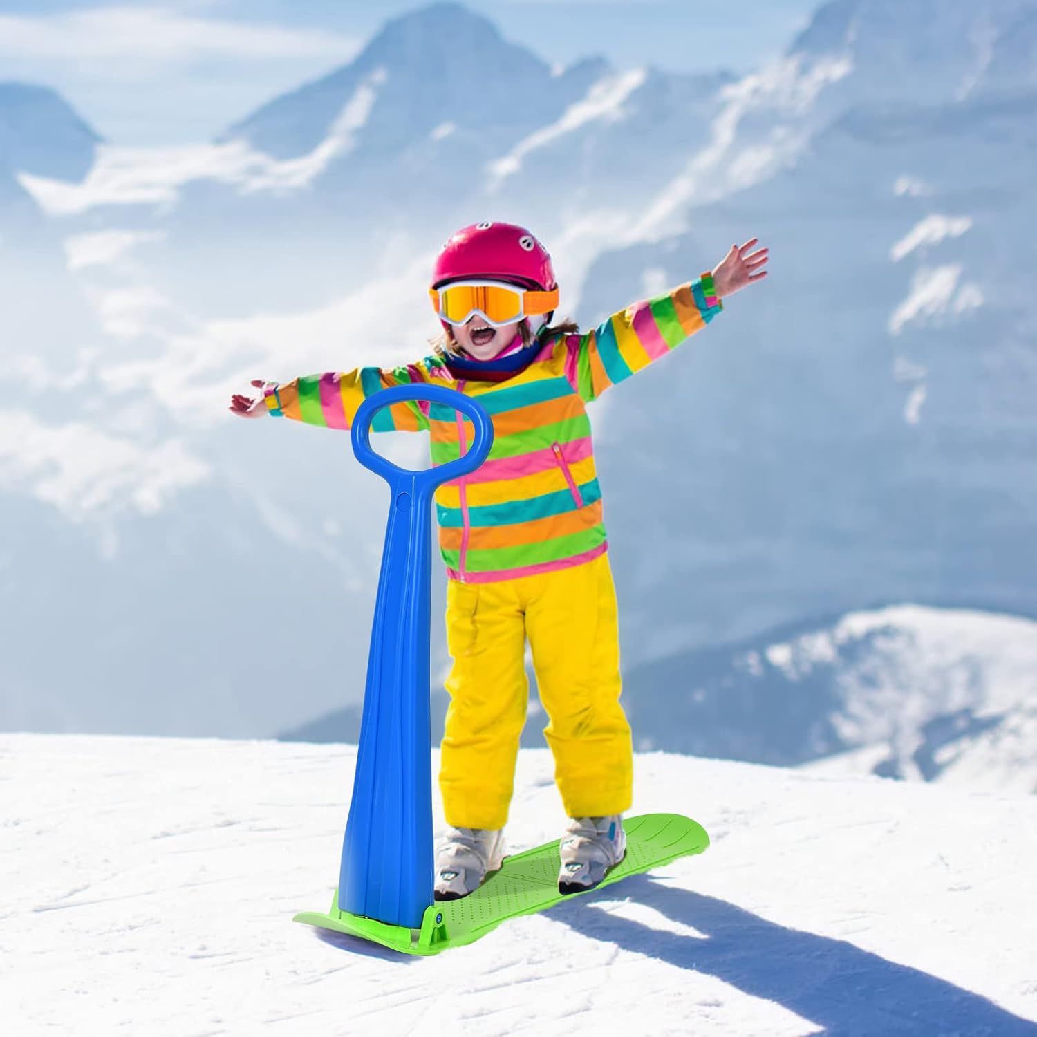 Goplus Ski Scooter Fold-up Snowboard, Snow Scooter W/Grip Handle, Sliding Snow Sled for Snow, Dune, Grass, Portable Kick Scooter Sled for Kids Toddlers Teenagers, Winter Toys