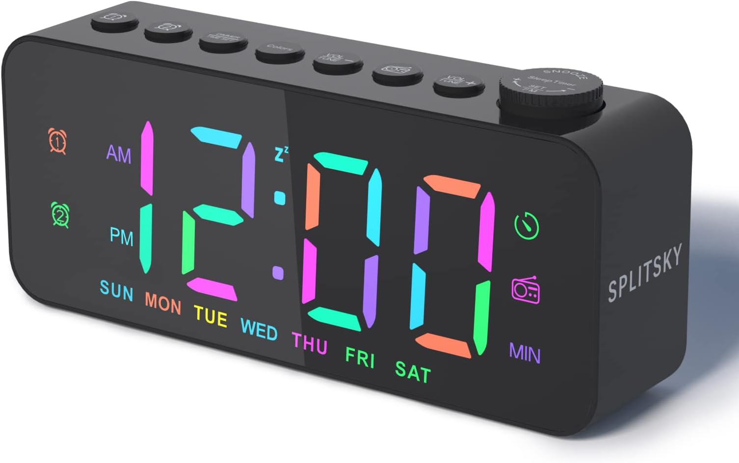 SPLITSKY Digital Alarm Clock for Bedroom with FM Radio,8-Color Font Dimmer, USB A,C 2 Charging Ports, Timer, Dual Alarm,Large Number Bedside Alarm Clock,for Adults Kids Teens Heavy Sleepers.
