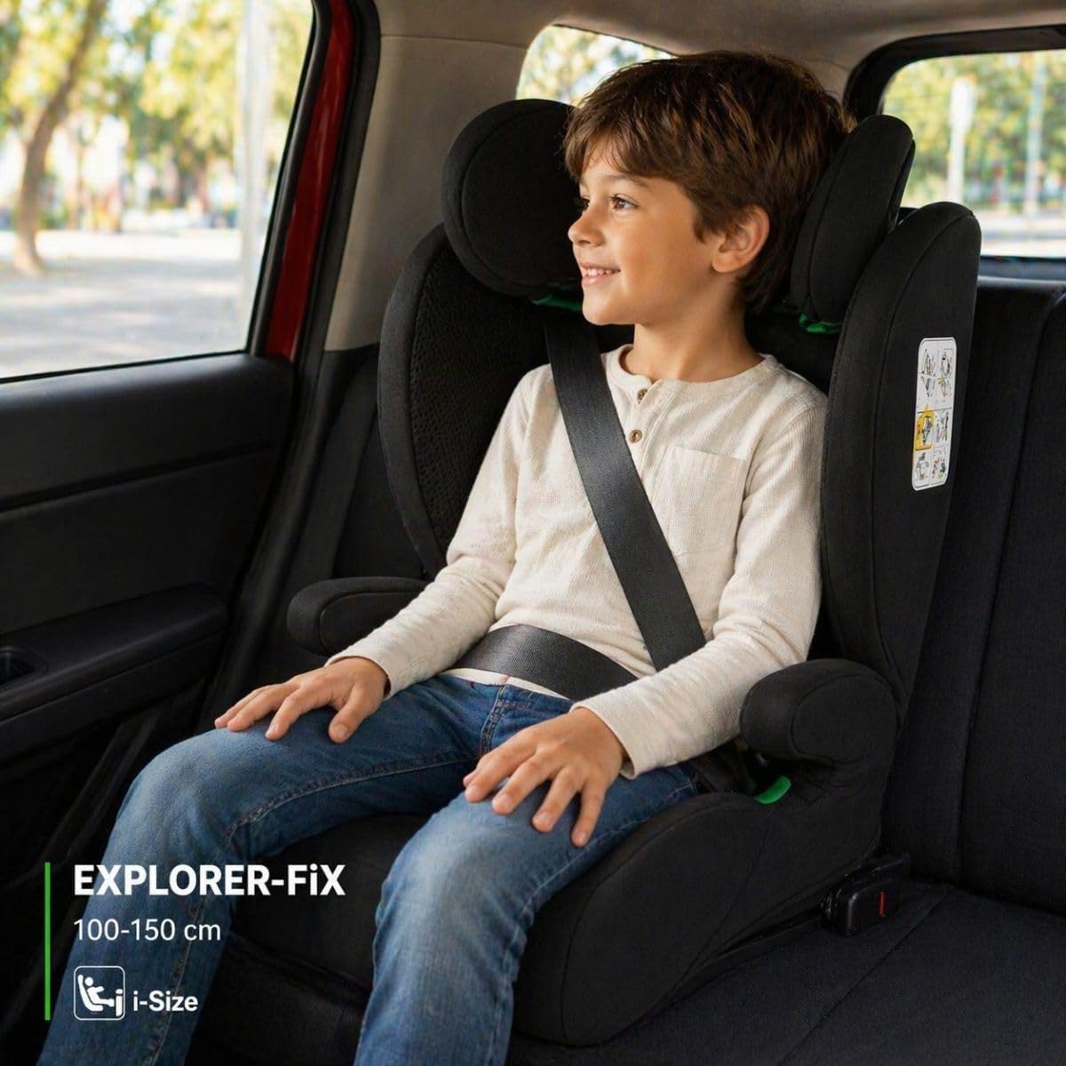 First Step Explorer Fix Silla Coche Niño i-Size (100-150 cm), Grupo 2/3 ISOFIX, Reposacabezas 13 Posiciones, Reclinable, Protección Lateral SPS, De 3,5 a 12 Años, Convertible en Alzador, Negro
