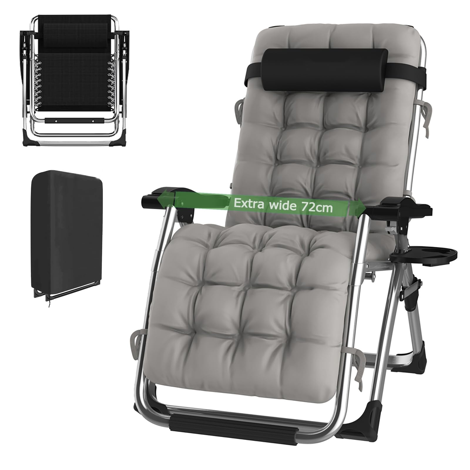 HAIORJUN Tumbona Plegable Gris Gravedad Cero con Función Reclinable, Tumbonas Jardin Exterior(72 cm Ancha) con Almohada Cervical Desmontable, Cojín y Funda Tumbona, Ideal para Terraza, Jardín, Playa