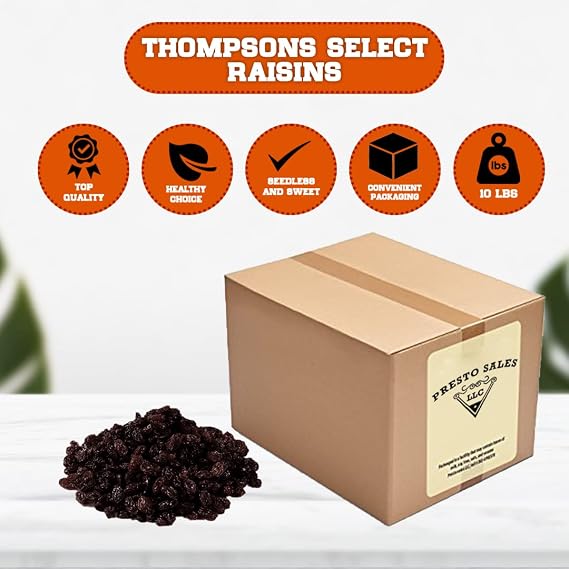 Presto Sales Raisins, Thomson Select South Africa Seedless Packaged in a 10 lbs. (160 oz) Bag, Great Trace Mineral, Kids and Adults Energy Boost Snack