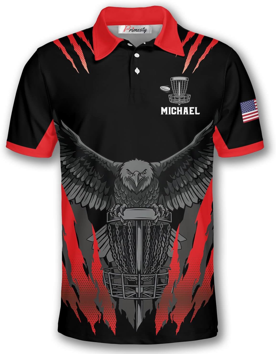 PRIMESTY Disc Golf Polo Shirt with Bald Eagle Design, Customizable Name, Unisex Sports Jersey for Men and Women