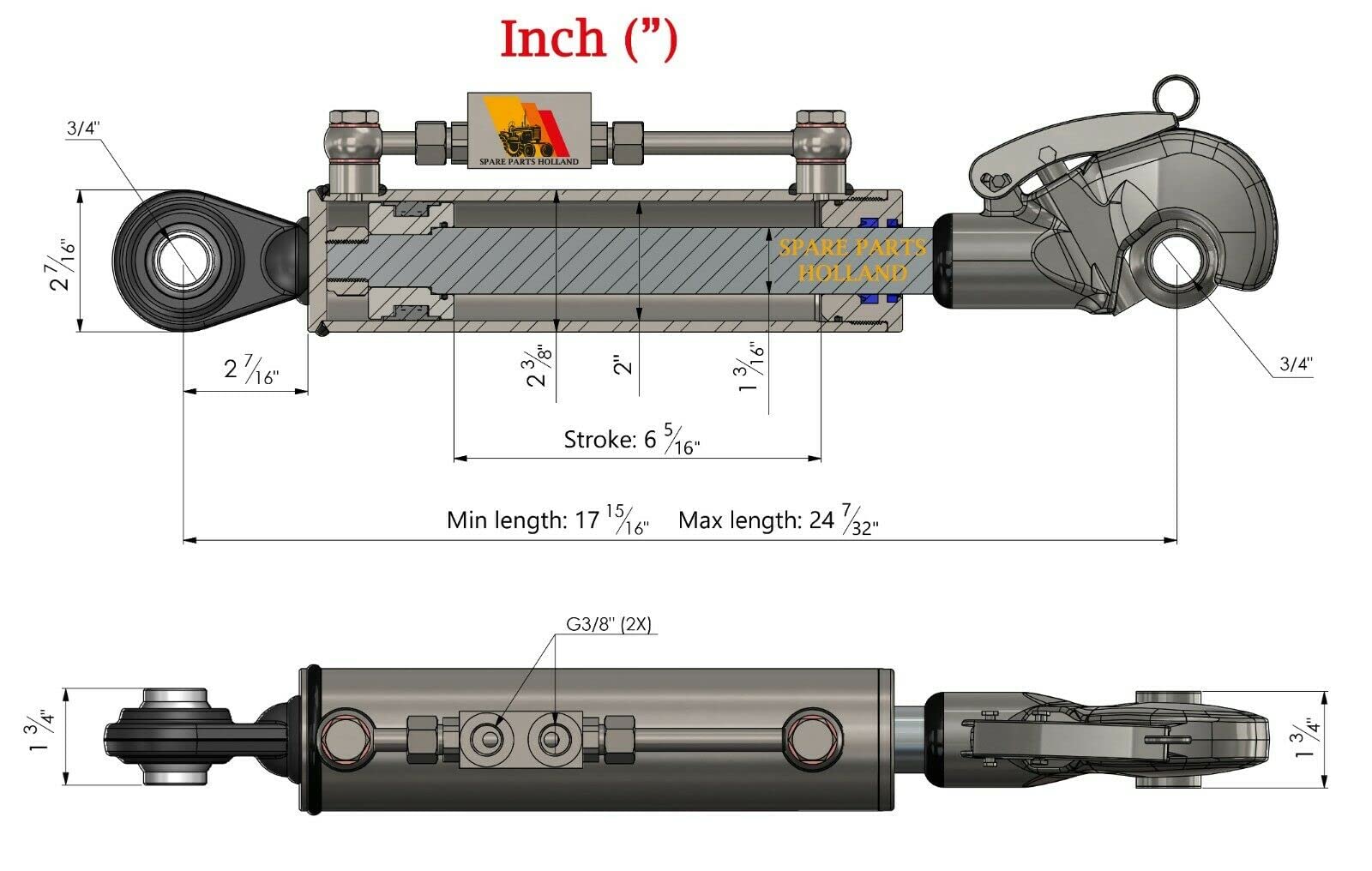 Terzo punto idraulico per trattore CAT 1+ 1 Gancio di cattura 17 15/16" - 24 7/32" Bloccaggio Bloccaggio Tubi Stroke 6 5/16"