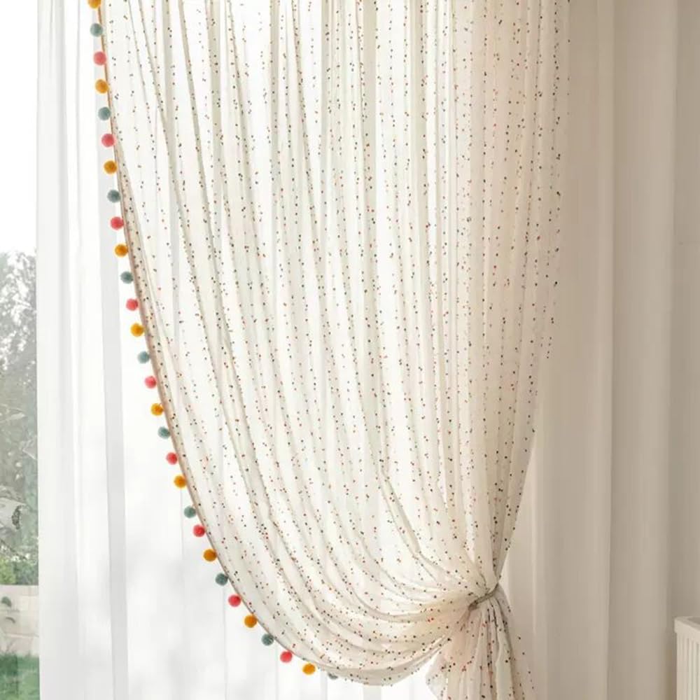 Linen Look Pom Pom Tasseled Sheer Curtains for Living Room Colorful Patterned Semi Sheer Voile Panels Light Filtering for Nursery Room Rod Pocket Top 2 Panels W42 x L84 Inch