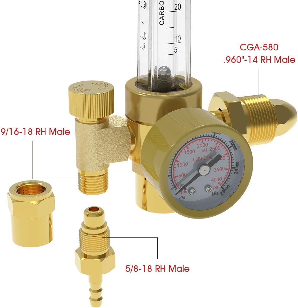 Detailed view of the gas regulator showing various male thread sizes: CGA-580 .960 inch-14 RH Male, 9/16-18 RH Male, and 5/8-18 RH Male, along with detachable accessories.